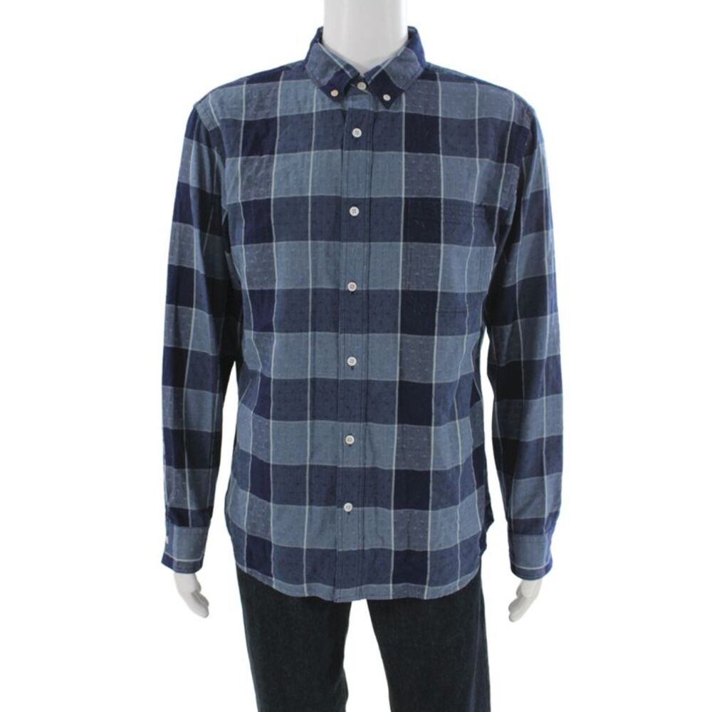 Billy Reid Mens Blue Plaid Cotton Collared Button Down Shirt Size L